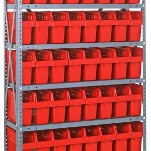 The Quantum Shelving Unit, 18D x 36L x 75H, features eight heavy-duty shelves with a load capacity of 400 lbs each. It includes 56 red SSB803 bins measuring 17-7/8L x 4-3/8W x 8H, evenly spaced across galvanized steel uprights and cross bars for support.