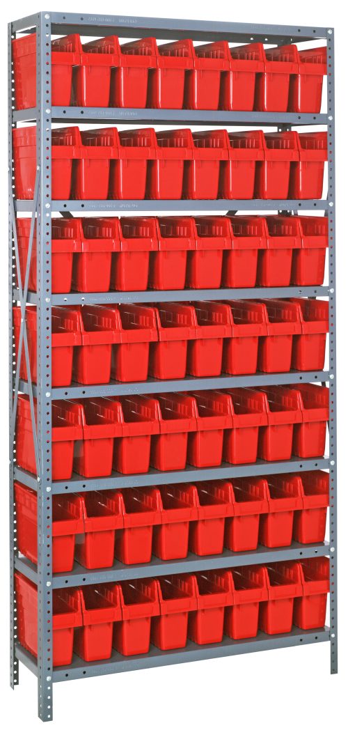 1275-801 red The Quantum Shelving Unit, 18D x 36L x 75H, features eight heavy-duty shelves with a load capacity of 400 lbs each. It includes 56 red SSB803 bins measuring 17-7/8L x 4-3/8W x 8H, evenly spaced across galvanized steel uprights and cross bars for support.