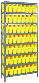 The Quantum Shelving Unit, 18D x 36L x 75H, features galvanized steel, heavy-duty shelves with a 400 lb. load capacity each. It includes eight shelves and holds 56 SSB803 yellow and black bins, creating an organized appearance.
