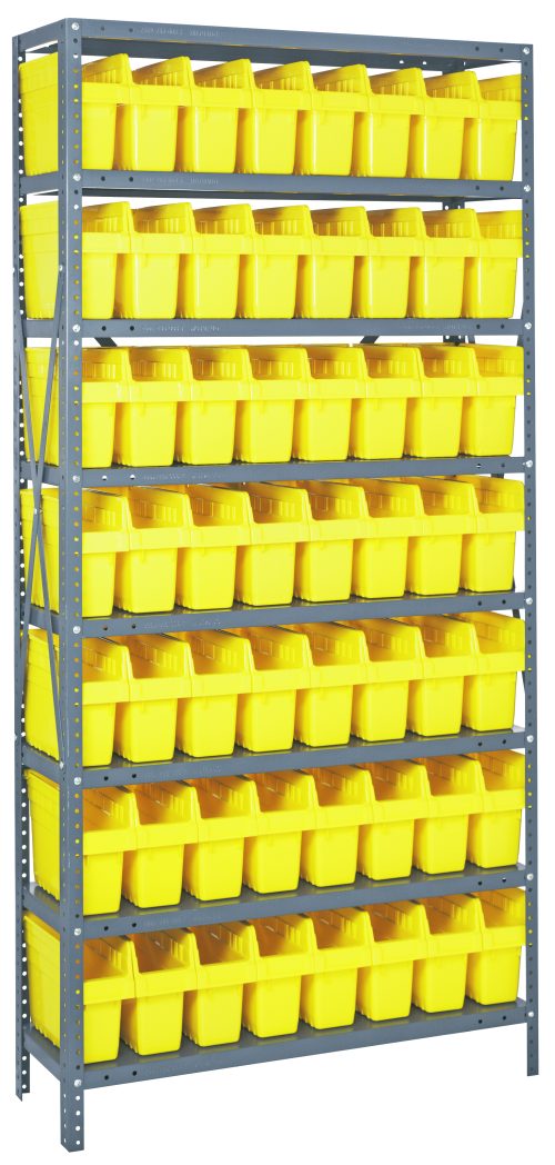 The Quantum Shelving Unit, 18D x 36L x 75H, features galvanized steel, heavy-duty shelves with a 400 lb. load capacity each. It includes eight shelves and holds 56 SSB803 yellow and black bins, creating an organized appearance.