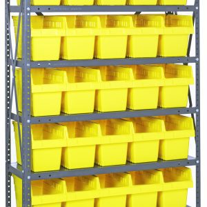 The Quantum Shelving Unit, 18D x 36L x 75H, is expertly organized with a galvanized steel finish and includes eight shelves supporting up to 400 lb. each. It features 35 uniform SSB804 yellow and black bins, each measuring 17-7/8L x 6-5/8W x 8H.