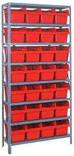 The Quantum Shelving Unit, measuring 18D x 36L x 75H, features a heavy-duty build with a 400 lb. load capacity per shelf. It includes eight shelves and comes with 28 red and black bins (17-7/8L x 8-3/8W x 8H each), making it ideal for organized storage.