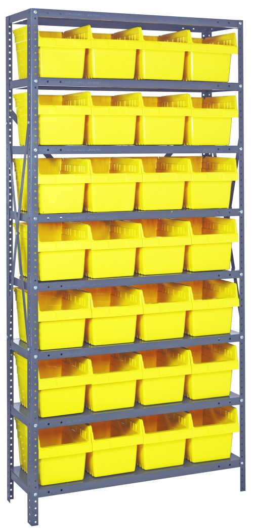 The Quantum Shelving Unit measures 18D x 36L x 75H, featuring eight heavy-duty shelves with a 400 lb. capacity each. It includes twenty-eight uniform yellow bins (17-7/8L x 8-3/8W x 8H) for organized storage. Built with galvanized steel for sturdy, durable performance.