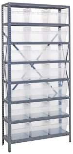 The Quantum Shelving Unit, measuring 18D x 36L x 75H, supports 400 lbs. per shelf and has a galvanized steel finish. It includes eight shelves and twenty-one clear black bins (17-7/8L x 11-1/8W x 8H), perfect for organized storage with its heavy-duty frame.