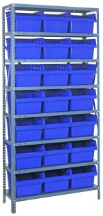 The Quantum Shelving Unit measures 18D x 36L x 75H and features a heavy-duty galvanized steel finish. It includes 8 shelves with a 400 lb. load capacity each, and comes with 21 blue plastic bins, making it ideal for efficient storage or organization.