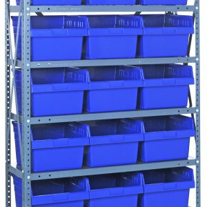 The Quantum Shelving Unit measures 18D x 36L x 75H and features a heavy-duty galvanized steel finish. It includes 8 shelves with a 400 lb. load capacity each, and comes with 21 blue plastic bins, making it ideal for efficient storage or organization.