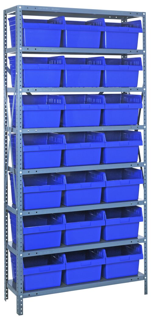 1275-809 blue The Quantum Shelving Unit measures 18D x 36L x 75H and features a heavy-duty galvanized steel finish. It includes 8 shelves with a 400 lb. load capacity each, and comes with 21 blue plastic bins, making it ideal for efficient storage or organization.