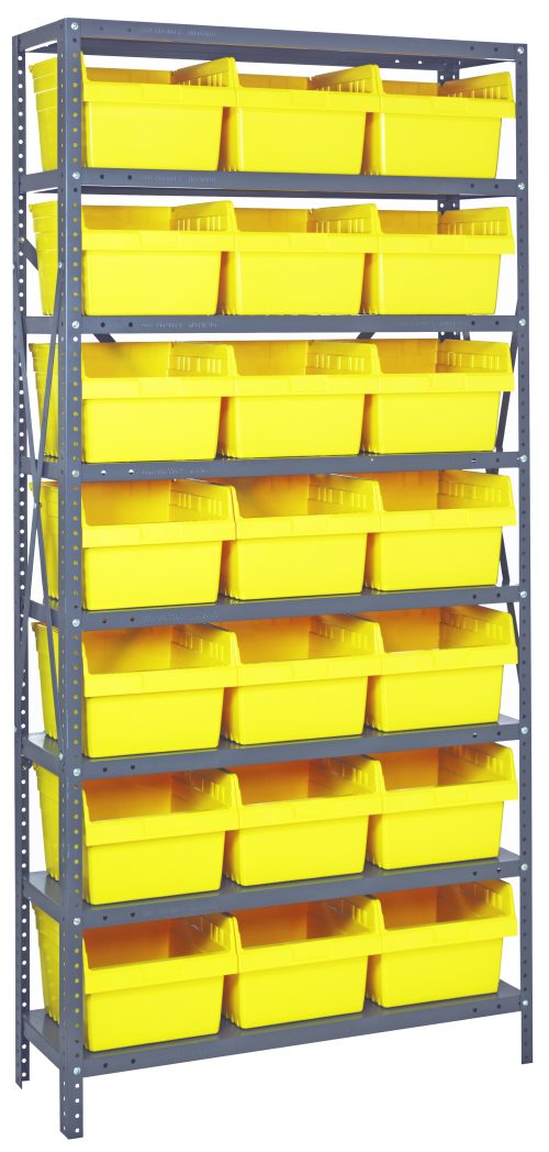 The Quantum Shelving Unit, measuring 18D x 36L x 75H, supports 400 lbs. per shelf and includes eight shelves, uprights, cross bars, and (21) 17-7/8L x 11-1/8W x 8H yellow black bins (SSB810). Its galvanized steel finish ensures durability while providing an organized storage solution.