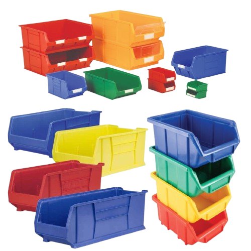 Stacks of colorful plastic storage bins in red, blue, yellow, green, and orange showcase The MH USA Proven System for Material Handling Success against a plain background.