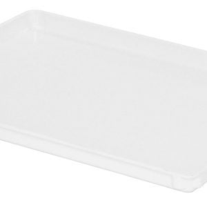 The Quantum Tray is a white, NSF-certified, plastic tray measuring 20 x 26 x 1.5. Made in the USA, it features a smooth and glossy surface with shallow edges and is viewed from a slight angle.