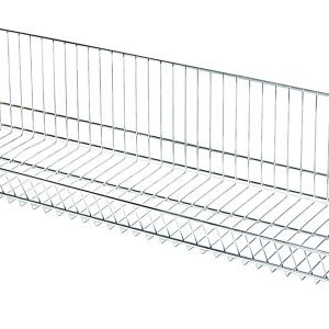 The Quantum Modular Wire Stacking Basket, 36W x 20D x 12H, has a grid pattern in metal and angled sides with a flat base for organization. Its NSF certified with a chrome-plated finish and holds up to 110 lbs.