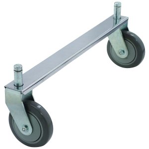The Quantum Tie Bar features a chrome-plated metal frame with two swivel casters, each having gray rubber wheels and metal mounts for easy attachment. Its ideal as replacement wheels for carts or equipment and compatible with two rigid casters (not included), measuring 21W.