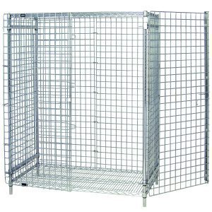 The Quantum Security Unit is a 36W x 18D x 63H rectangular metal wire cage with a chrome finish. It includes a top shelf for extra storage, a bottom shelf, security panel set with back and sides, secure doors, and stands on four posts—ideal for stationary organization or transport.