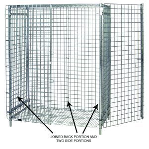 The Quantum Enclosure Panels feature a 3-sided metal wire frame with open front; it measures 18W x 36L x 60H and includes two side panels and one back panel, all chrome plated for durability. Two arrows show where the panels connect to secure the structure.