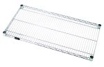 The Quantum Wire Shelf, measuring 24W x 21D, features evenly spaced parallel bars with a chrome-plated finish and sturdy corner joints, offering a polished look with a capacity of 600-800 lbs.