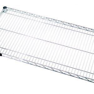 The Quantum Wire Shelf, measuring 24W x 21D, features evenly spaced parallel bars with a chrome-plated finish and sturdy corner joints, offering a polished look with a capacity of 600-800 lbs.