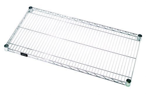 The Quantum Wire Shelf, measuring 24W x 21D, features evenly spaced parallel bars with a chrome-plated finish and sturdy corner joints, offering a polished look with a capacity of 600-800 lbs.