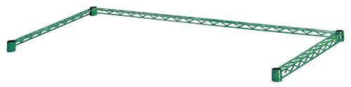 The Quantum Wire Frame is a 36W x 24D green rectangular metal truss with triangular cross-bracing, cylindrical legs, and open corners. It features a distinctive wire frame look and a green epoxy antimicrobial finish, meeting NSF standards for quality and safety.