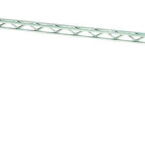 The Quantum Wire Frame is a 3-sided structure, measuring 36W x 18D, with a chrome-plated lattice design for stability. It rests on three cylindrical legs and is ideal for NSF compliance and versatile usage.