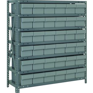 The Quantum Shelving Unit, measuring 24D x 36L x 39H, includes seven heavy-duty shelves with a load capacity of 400 lbs. each. Featuring cross bars for stability and (36) 24L x 5-9/16W x 4-5/8H QED603 gray black bins, its perfect for organizing tools or supplies in any workspace.