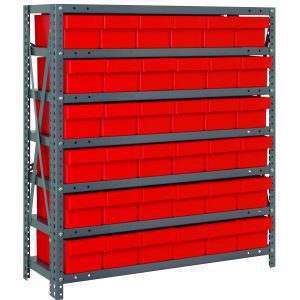 The Quantum Shelving Unit is a heavy-duty, 24D x 36L x 39H rack with a galvanized steel finish, featuring (7) shelves that support up to 400 lbs each and include (36) Qed603 red black bins sized 24L x 5-9/16W x 4-5/8H for organized storage.