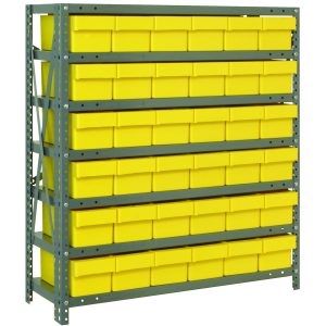 The Quantum Shelving Unit features seven heavy-duty shelves with a load capacity of 400 lbs each, supporting 36 yellow and black bins (24L x 5-9/16W x 4-5/8H - QED603). Its galvanized steel frame is perfect for organizing tools or small parts in a workshop.