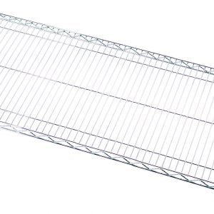 The Quantum Wire Shelf, sized at 48W x 24D, features a chrome-plated finish and NSF certification with a load capacity of 600 - 800 lbs. It has grid-patterned wire support and four circular plastic caps on each corner for surface protection.