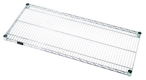 The Quantum Wire Shelf, sized at 48W x 24D, features a chrome-plated finish and NSF certification with a load capacity of 600 - 800 lbs. It has grid-patterned wire support and four circular plastic caps on each corner for surface protection.