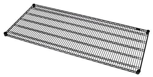 2460BK.jpg The Quantum Wire Shelf, 54W x 21D, features closely spaced parallel bars with a black epoxy antimicrobial finish and NSF certification. It has an angled, grid-like design with visible corner supports against a plain white background. Capacity ranges from 600-800 lbs.