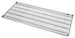 The Quantum Wire Shelf, a 60W x 24D heavy-duty unit with a chrome plated finish and NSF certification, has a grid pattern and four posts. Designed for storage or organization, it supports up to 1000 lbs and is tilted diagonally against a white background.