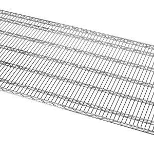The Quantum Wire Shelf, a 60W x 24D heavy-duty unit with a chrome plated finish and NSF certification, has a grid pattern and four posts. Designed for storage or organization, it supports up to 1000 lbs and is tilted diagonally against a white background.