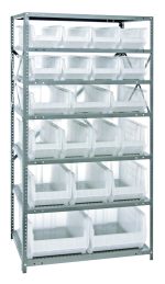 The Quantum Shelving Unit measures 24D x 36L x 75H with a 400 lb. capacity per shelf and includes seven shelves. It comes with various bin sizes, including eight QUS950 clear bins (23-7/8L x 8-1/4W x 7H) for easy visibility, all supported by a sturdy galvanized steel frame.