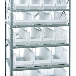 The Quantum Shelving Unit measures 24D x 36L x 75H with a 400 lb. capacity per shelf and includes seven shelves. It comes with various bin sizes, including eight QUS950 clear bins (23-7/8L x 8-1/4W x 7H) for easy visibility, all supported by a sturdy galvanized steel frame.