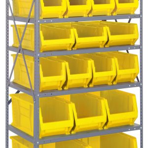 The Quantum Shelving Unit, measuring 24D x 36L x 75H, features a robust design with (7) heavy-duty shelves supporting up to 400 lbs each. It includes a variety of yellow plastic bins for versatile organization and stability provided by uprights and cross bars in a galvanized steel finish.