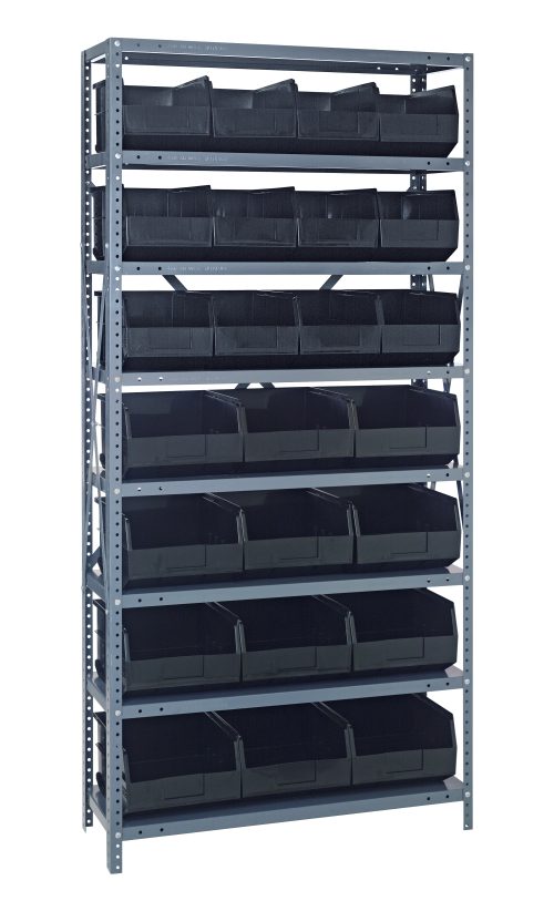 The Quantum Shelving Unit, 24D x 36L x 75H, has eight heavy-duty galvanized steel shelves with a 400 lb. load capacity each. It includes (12) SSB483 and (12) SSB485 black bins for organized storage of tools or small parts. Ideal for efficient organization with ample space.