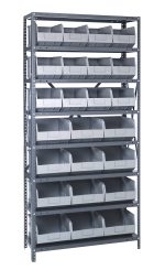 The Quantum Shelving Unit, 24D x 36L x 75H, has a heavy-duty build with an impressive load capacity of 400 lbs. per shelf. It includes (8) shelves holding (12) SSB483 bins at 20-1/2L x 8-1/4W x 7H and (12) SSB485 bins at 20-1/2L x 11W x 7H in a galvanized steel finish.
