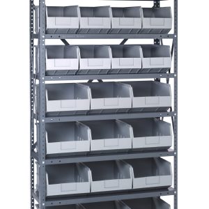 The Quantum Shelving Unit, 24D x 36L x 75H, has a heavy-duty build with an impressive load capacity of 400 lbs. per shelf. It includes (8) shelves holding (12) SSB483 bins at 20-1/2L x 8-1/4W x 7H and (12) SSB485 bins at 20-1/2L x 11W x 7H in a galvanized steel finish.