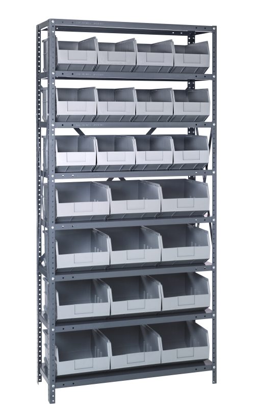 1275-245 gray The Quantum Shelving Unit, 24D x 36L x 75H, has a heavy-duty build with an impressive load capacity of 400 lbs. per shelf. It includes (8) shelves holding (12) SSB483 bins at 20-1/2L x 8-1/4W x 7H and (12) SSB485 bins at 20-1/2L x 11W x 7H in a galvanized steel finish.