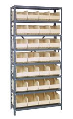 The Quantum Shelving Unit, measuring 24D x 36L x 75H, features a heavy-duty design with each shelf supporting up to 400 lbs. This freestanding unit includes eight tiers with twenty-eight ivory black bins, ideal for efficient organization and storage in its galvanized steel finish.
