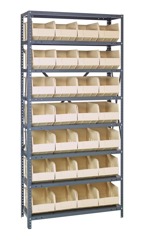 The Quantum Shelving Unit, measuring 24D x 36L x 75H, features a heavy-duty design with each shelf supporting up to 400 lbs. This freestanding unit includes eight tiers with twenty-eight ivory black bins, ideal for efficient organization and storage in its galvanized steel finish.
