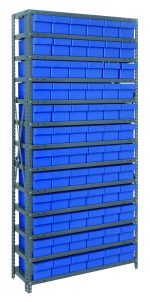 The Quantum Shelving Unit is a tall metal structure measuring 24D x 36L x 75H, featuring a heavy-duty design with 400 lb. load capacity per shelf. It includes (13) shelves and (72) QED603 blue black bins, each sized 24L x 5-9/16W x 4-5/8H, arrayed in uniform rows on galvanized steel uprights.