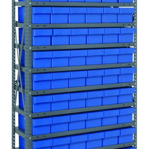 The Quantum Shelving Unit is a tall metal structure measuring 24D x 36L x 75H, featuring a heavy-duty design with 400 lb. load capacity per shelf. It includes (13) shelves and (72) QED603 blue black bins, each sized 24L x 5-9/16W x 4-5/8H, arrayed in uniform rows on galvanized steel uprights.