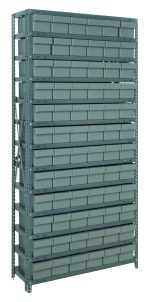 The Quantum Shelving Unit measures 24D x 36L x 75H, has a heavy-duty frame with galvanized steel finish, and supports 400 lbs per shelf. It includes 13 shelves with 72 gray black bins (24L x 5-9/16W x 4-5/8H), ideal for organized storage.