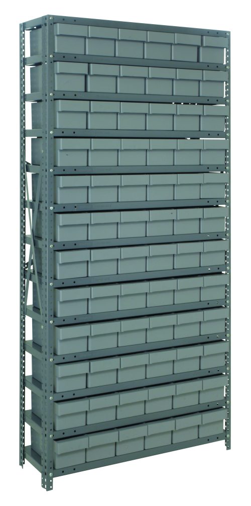 The Quantum Shelving Unit measures 24D x 36L x 75H, has a heavy-duty frame with galvanized steel finish, and supports 400 lbs per shelf. It includes 13 shelves with 72 gray black bins (24L x 5-9/16W x 4-5/8H), ideal for organized storage.