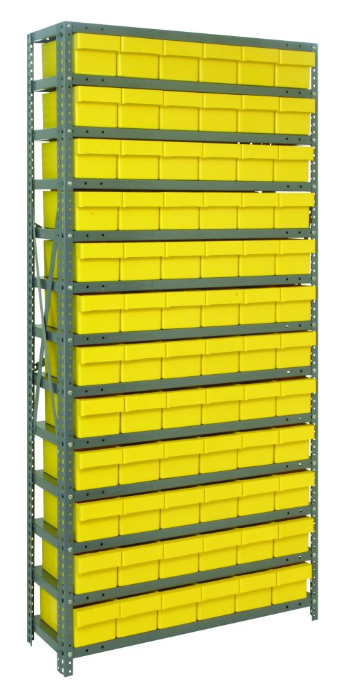 The Quantum Shelving Unit, measuring 24D x 36L x 75H, features 13 shelves and holds up to 400 lbs per shelf. It comes with 72 yellow plastic bins, has a galvanized steel finish for durability, and is ideal for organized storage in workshops or warehouses.