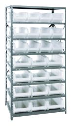 The Quantum shelving unit, measuring 24D x 36L x 75H, features eight heavy-duty shelves with a 400 lb. load capacity each. It includes twelve QUS950 bins (23-7/8L x 8-1/4W x 7H) and twelve QUS952 bins (23-7/8L x 11W x 7H). Ideal for organizing items in its clear black bins.