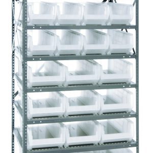The Quantum shelving unit, measuring 24D x 36L x 75H, features eight heavy-duty shelves with a 400 lb. load capacity each. It includes twelve QUS950 bins (23-7/8L x 8-1/4W x 7H) and twelve QUS952 bins (23-7/8L x 11W x 7H). Ideal for organizing items in its clear black bins.