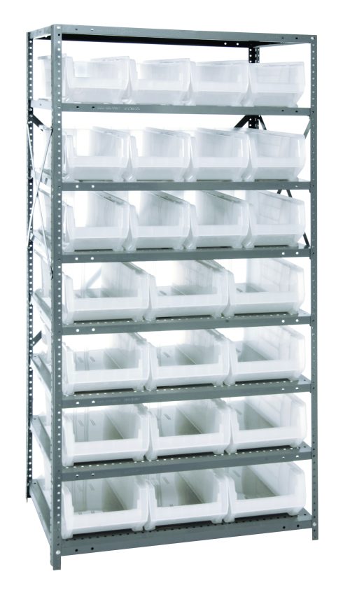 2475-950952CL.jpg The Quantum shelving unit, measuring 24D x 36L x 75H, features eight heavy-duty shelves with a 400 lb. load capacity each. It includes twelve QUS950 bins (23-7/8L x 8-1/4W x 7H) and twelve QUS952 bins (23-7/8L x 11W x 7H). Ideal for organizing items in its clear black bins.