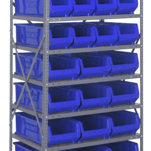 The Quantum Shelving Unit, 24D x 36L x 75H, features eight heavy-duty shelves with a 400 lb. load capacity each. It includes twelve QUS950 and twelve QUS952 blue bins. The open fronts ensure easy access, while galvanized steel uprights and cross bars provide stability for all storage needs.