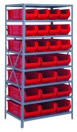 The Quantum Shelving Unit (24D x 36L x 75H) is a heavy-duty metal unit with eight shelves, each holding up to 400 lbs. It comes with red plastic bins (Qus950 and Qus952) for easy access. The galvanized steel finish and cross-brace ensure stability.